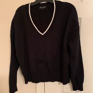 Marled Black V-Neck Sweater and Pants set with White Trim